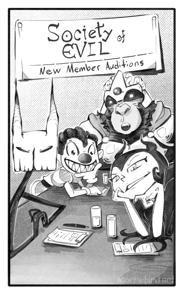 The last panel, a diverse group of villainous characters sit at a table. Behind them a banner reads "Society of Evil. New member auditions." The members have mixed reactions to the goblin's proposal including curiosity, intrigue, shock, and distaste.