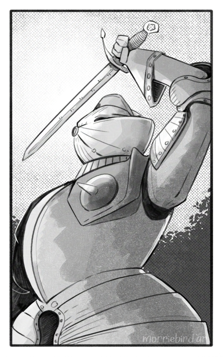 An armored knight raises a sword above its head. Black and white digital art. First in a three panel comic.