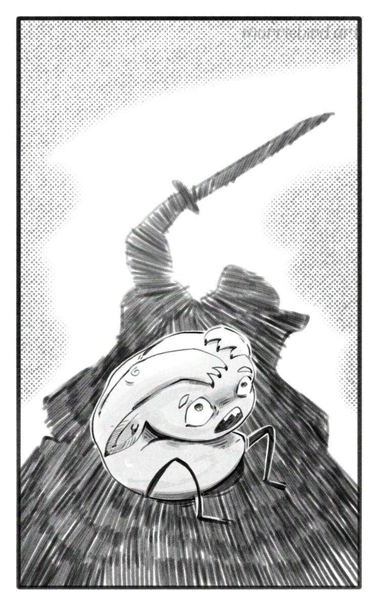 A small goblin-like creature cowers in fear. The shadow of the knight, with its raised sword, looms over him.