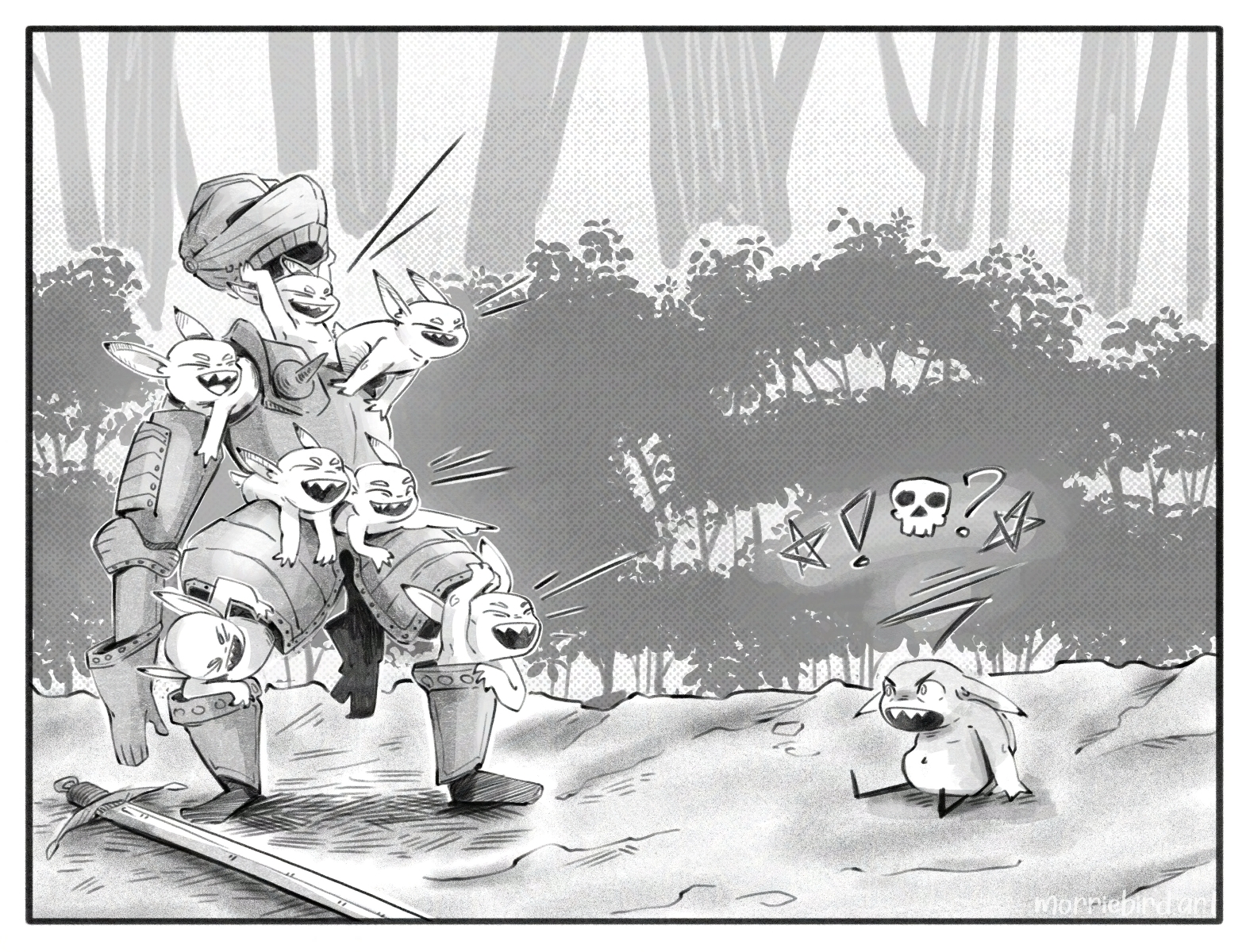 Several goblin-like creatures emerge from the knight's armor, showing themselves to be the ones puppeting it. They laugh at the then cowering now perturbed creature on the ground.