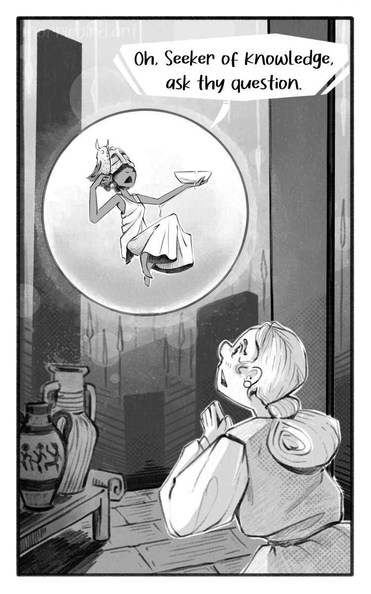 The Athena-like Goddess speaks to a devout woman in the foreground. "Oh, Seeker of knowledge, ask they question." srcset=
