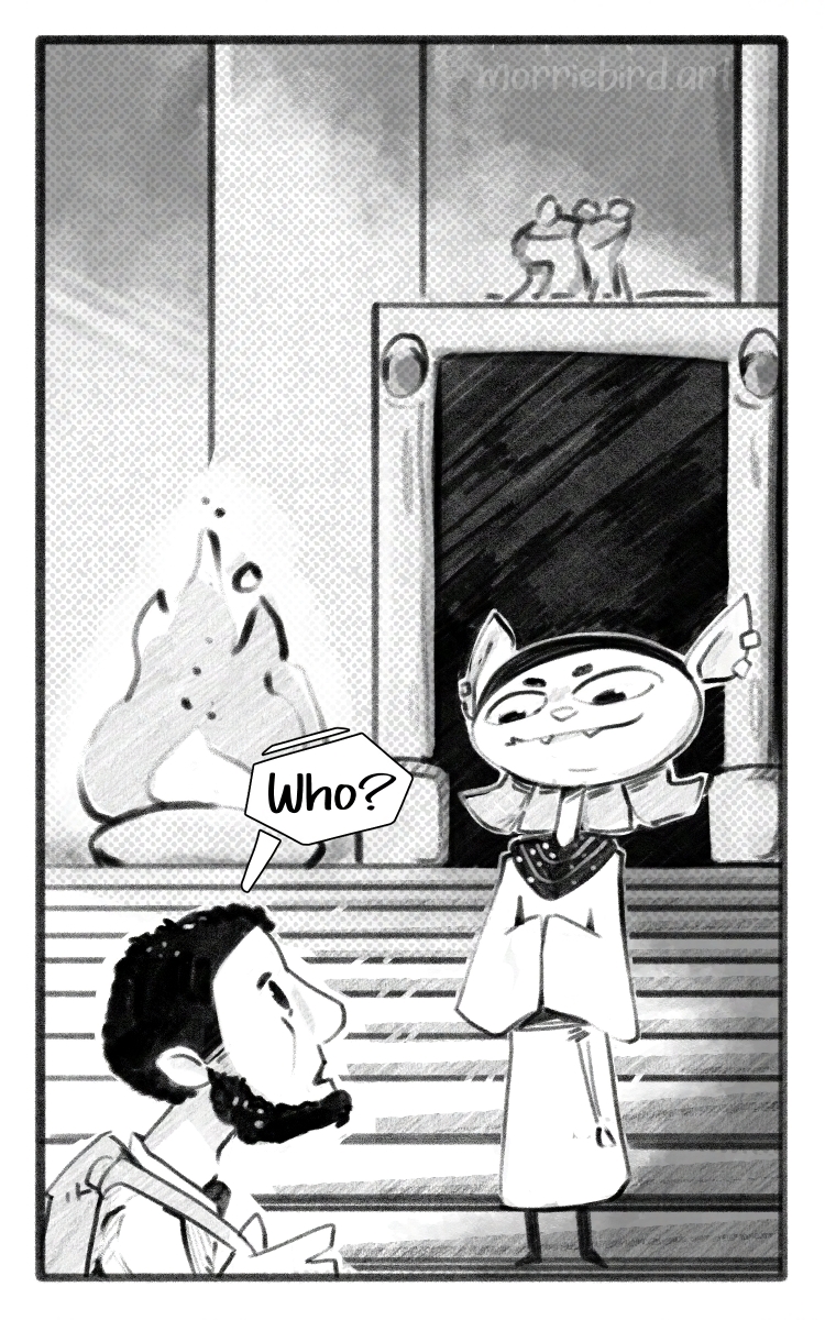 The man in the foreground says "Who?" The cat-like humanoid looks a little surprised. Second panel of four.
