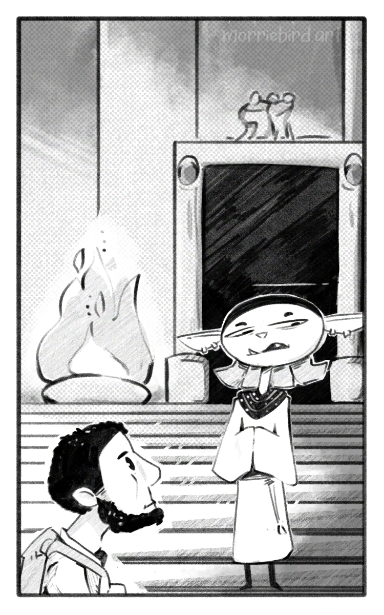 Both characters are silent. The cat-like humanoid looks to be pondering something. Third panel of four.