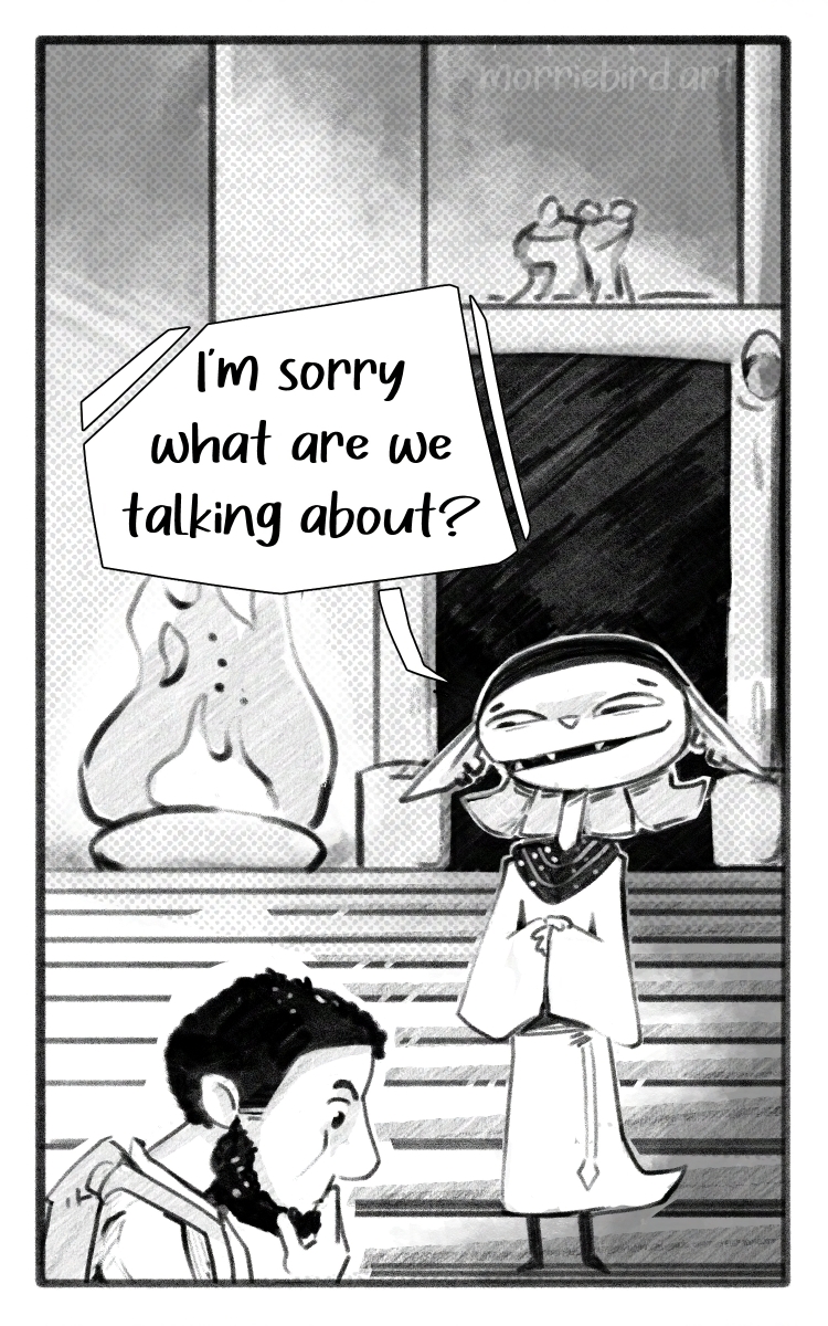 The cat-like humanoid says "I'm sorry what are we talking about again?" The man doesn't seem to know either. Final panel of four.
