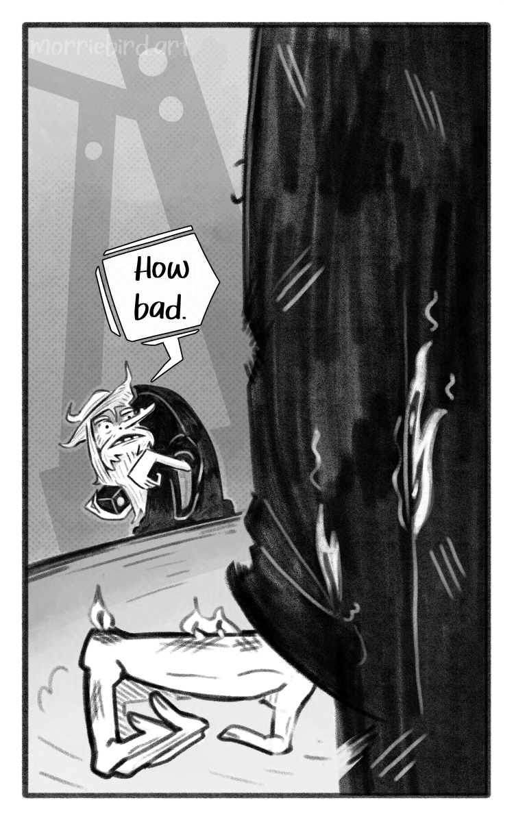 The first wizard wipes around and asks frightfully "How bad." In the foreground is the second wizard's clenched hand. His ropes and hand are tattered and some small flames are still burning. Second panel of three.