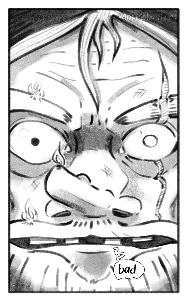 A closeup of the second wizard's face; the same face except for a scar on that crosses the left eye. He grimly states "bad." Last panel of three.
